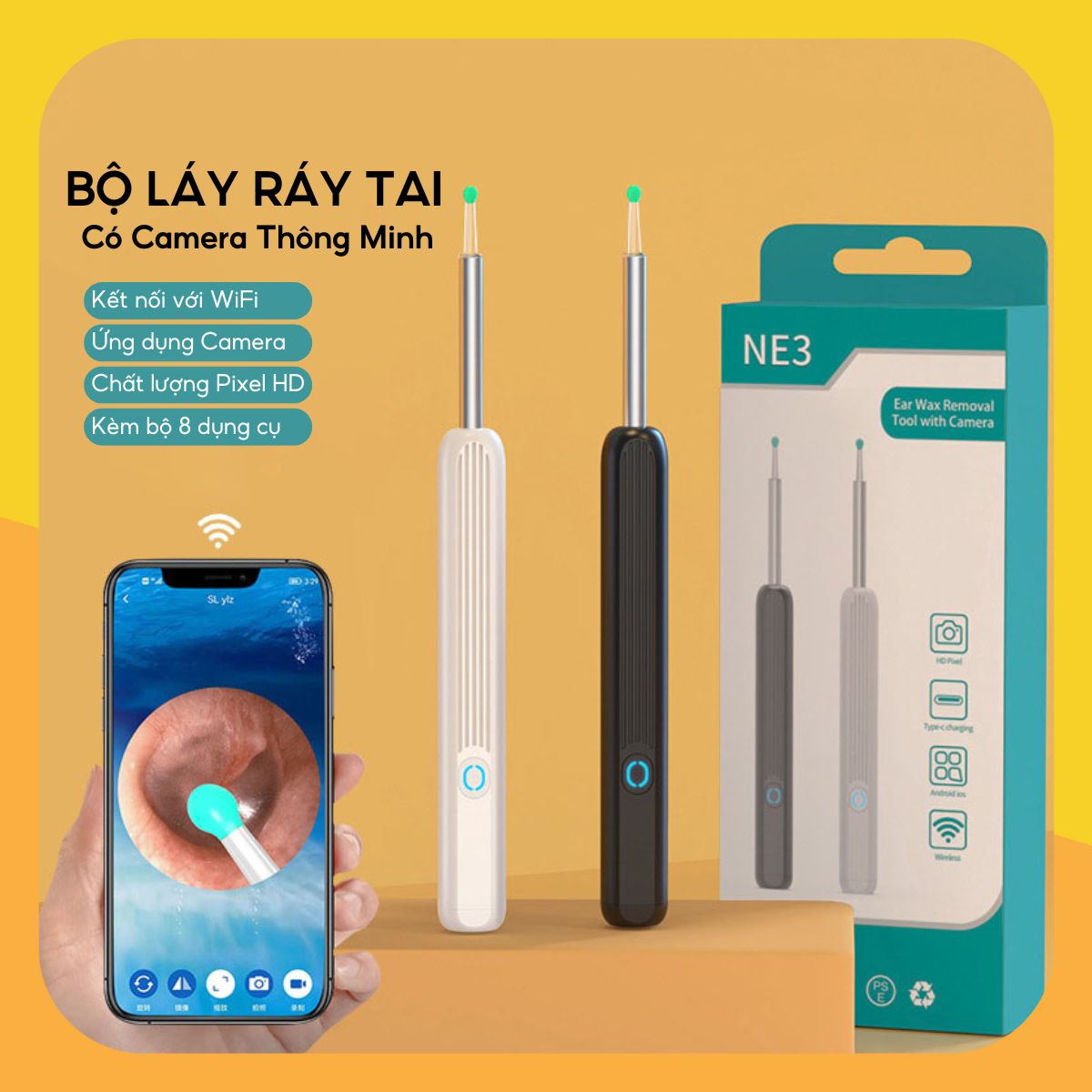 Dụng cụ lấy ráy tai gắn camera nội soi thông minh NE3 kết nối Wifi điều khiển qua App