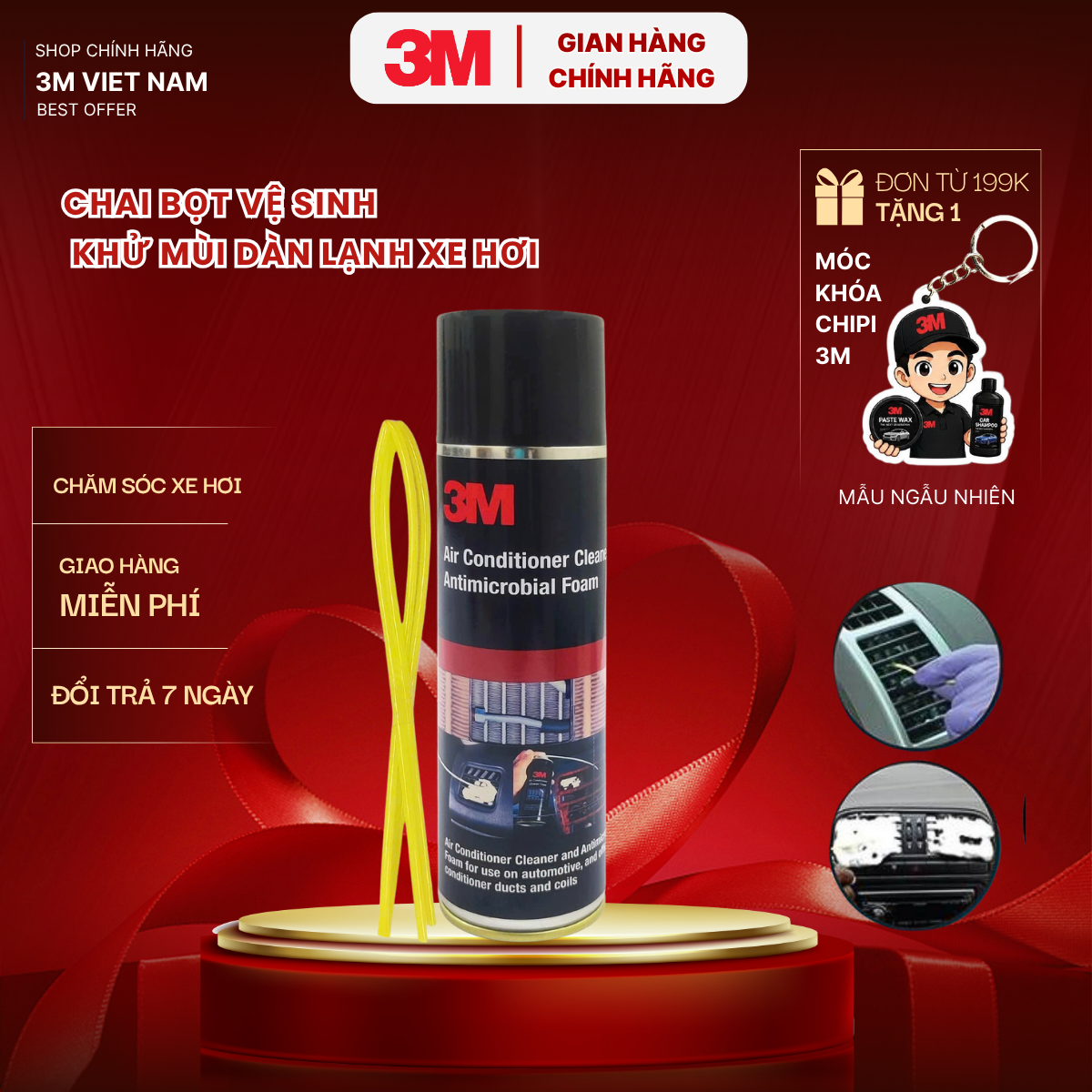 Dung Dich Vệ Sinh Dàn Lạnh Ô Tô dạng bọt 3M™ Air Conditioner Cleaner Foam 120g  - Khử mùi, vệ sinh dàn lạnh lâu ngày (Dùng được cho máy điều hòa gia đình) - 1 xe cần 2 chai