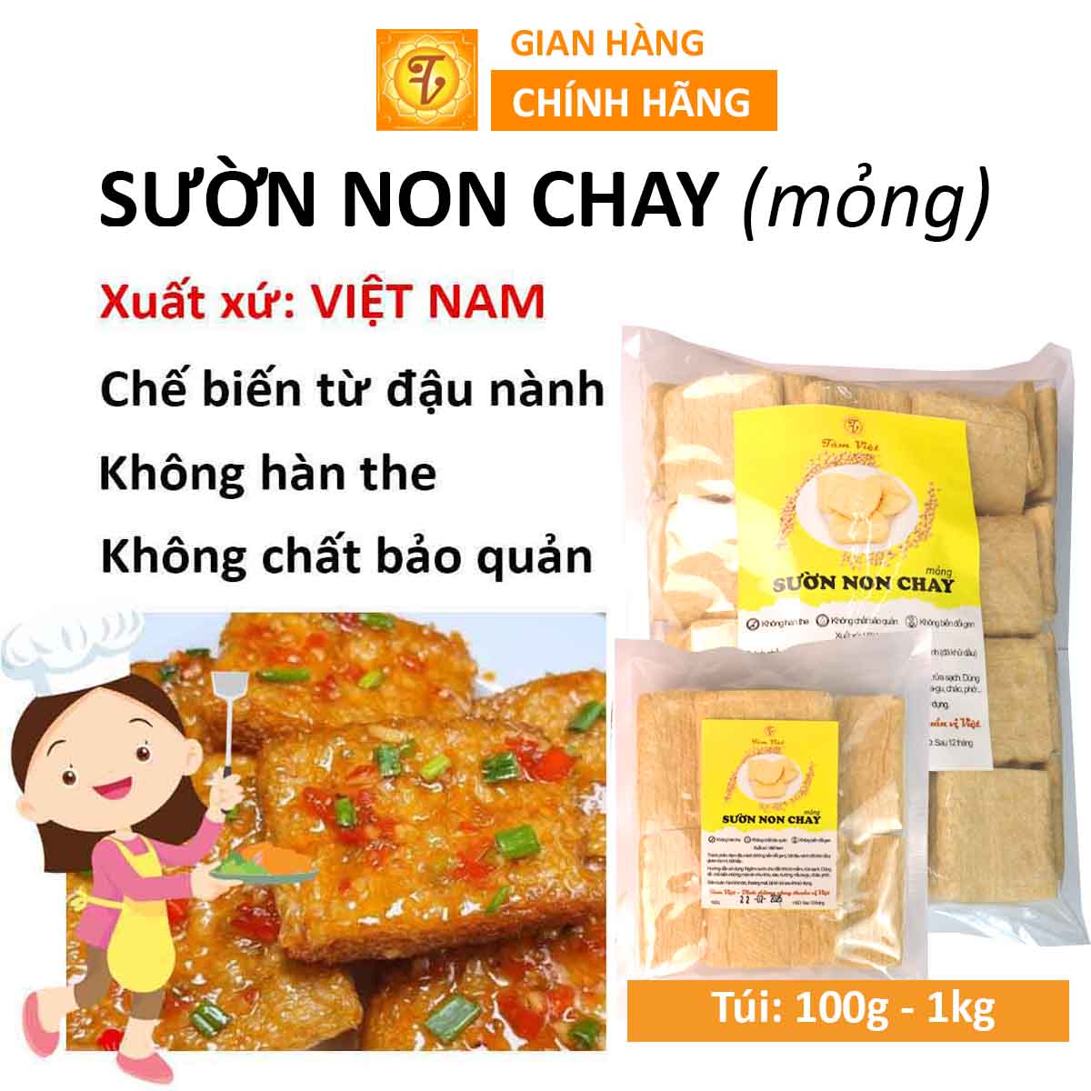 Sườn non chay (mỏng) 1kg 500g 300g 200g 100g, sườn miếng chay, khô sườn chay Tâm Việt chế biến từ đậu nành