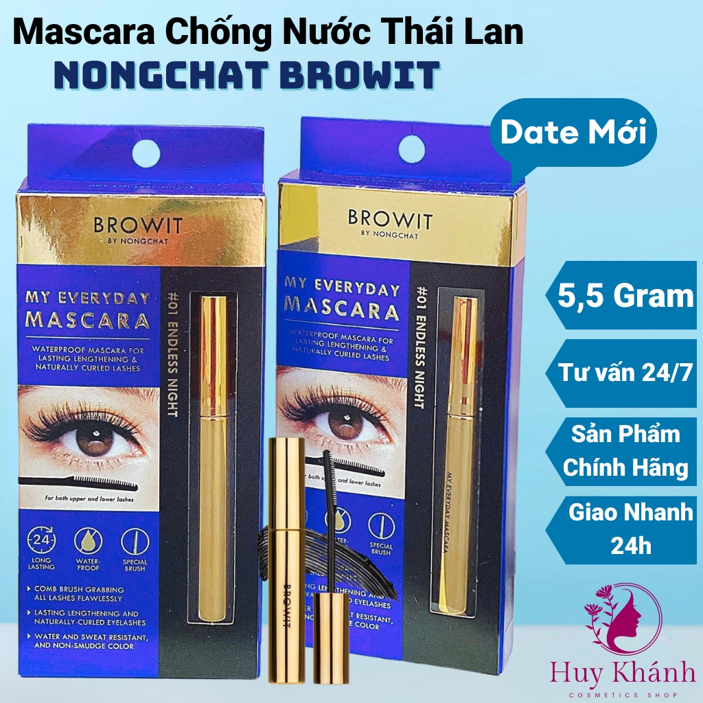 Mascara không trôi chuốt mi chống nước Nongchat kẻ chân lông mày mỹ phẩm đồ cọ trang điểm Browit makeup nữ Thái Lan chuyên nghiệp 2 đầu,maccara macara mắt cara masscara dưỡng dài chải vuốt dày mi cong bền màu không lem make up làm đẹp-Huy Khánh Cosmetics