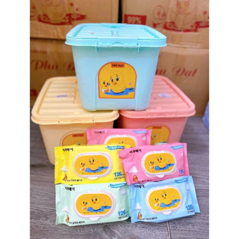 10 Gói khăn giấy ướt vịt vàng chính hãng không mùi kèm thùng nhựa date xa