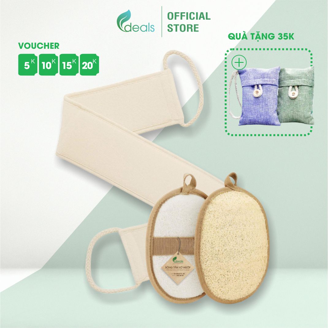 Combo 1 dây tắm và 1 bông tắm xơ mướp cao cấp ecodeals 100% xơ hữu cơ diệt khuẩn - xơ loại 1, tẩy da chết, ngừa mụn lưng, kỳ cọ massage siêu đã
