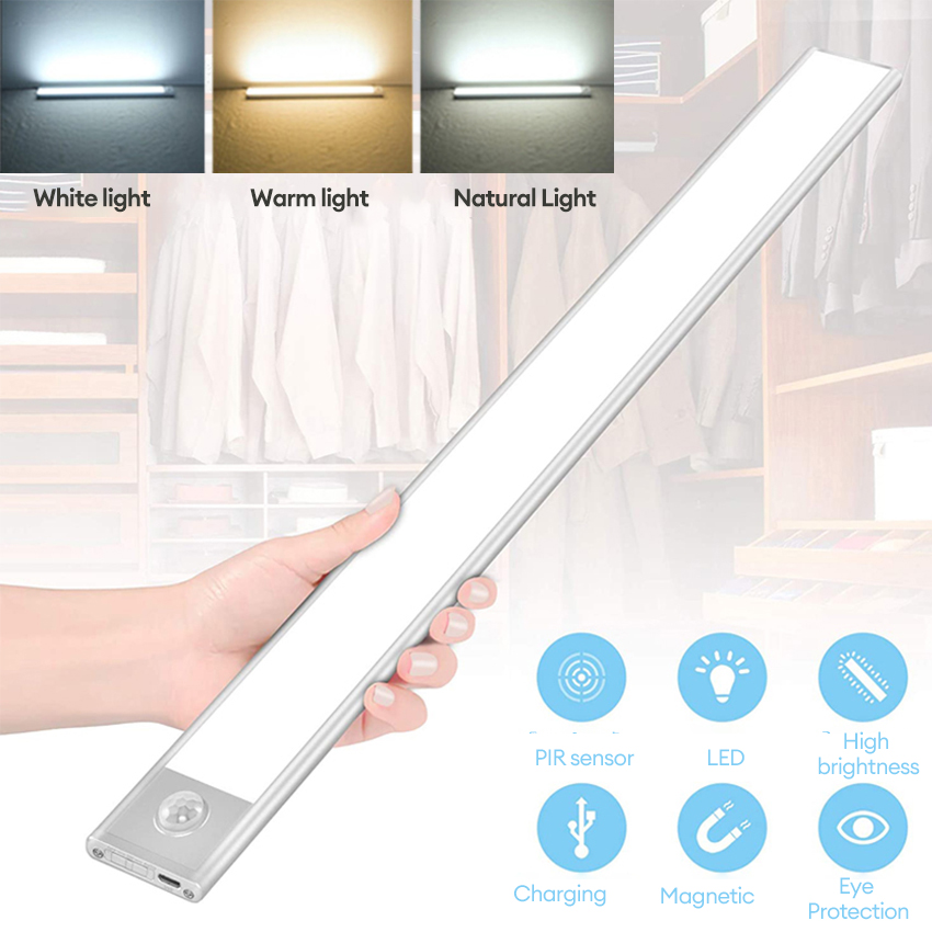 LED Aluminum Material 3 Color Wireless Motion Sensor Night Light USB rechargeable Learning Lamp Bedroom Kitchen Cabinet Lighting