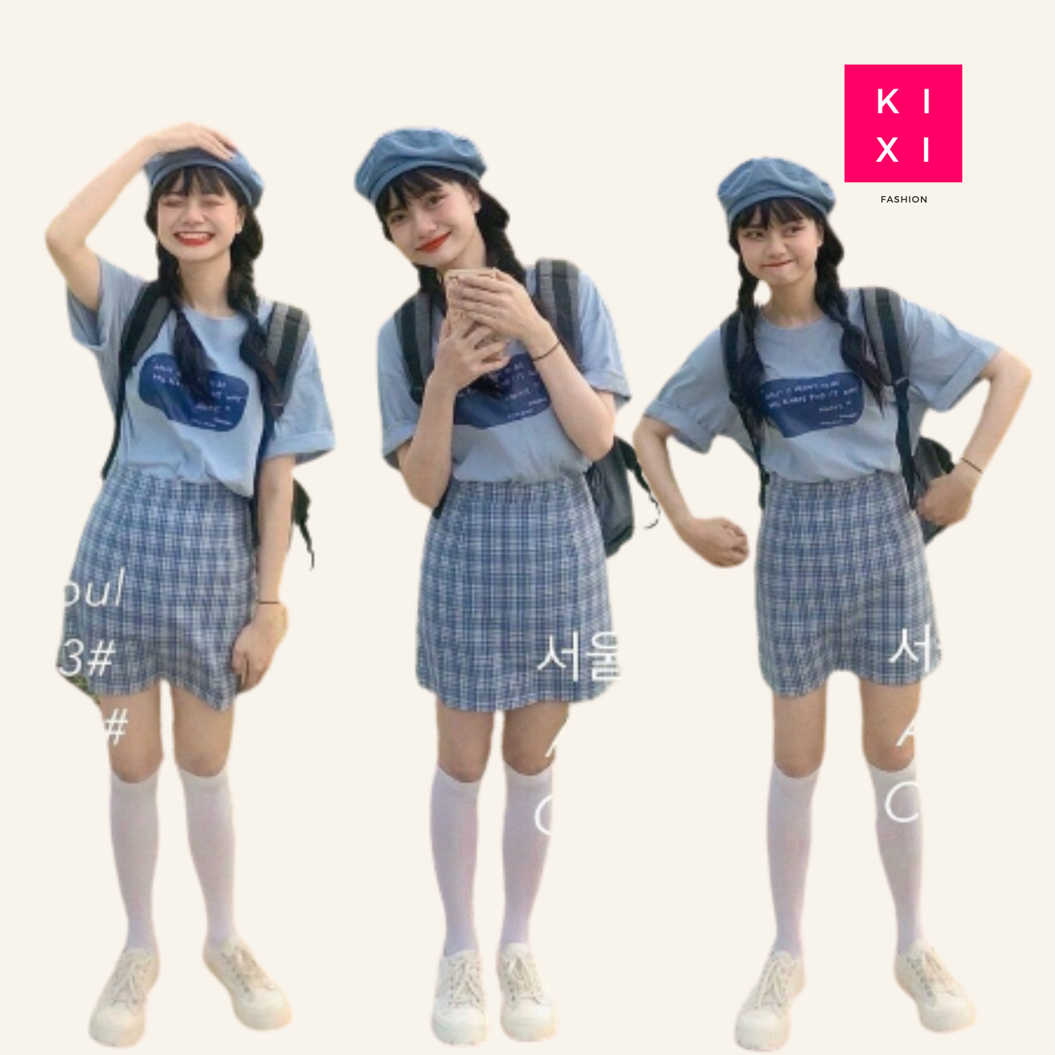 Set áo thun tay lỡ SEOUL kèm chân váy kẻ ulzzang/ Set áo chân váy dáng rộng thời trang hàn quốc