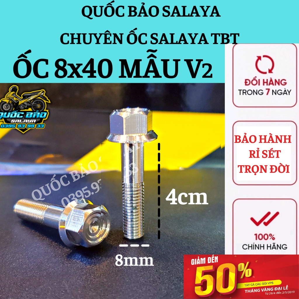 Ốc TBT 8x40 mẫu v2 inox 304 gắn ty phuộc satria, cùi dĩa sirius treo pô mọi loại xe