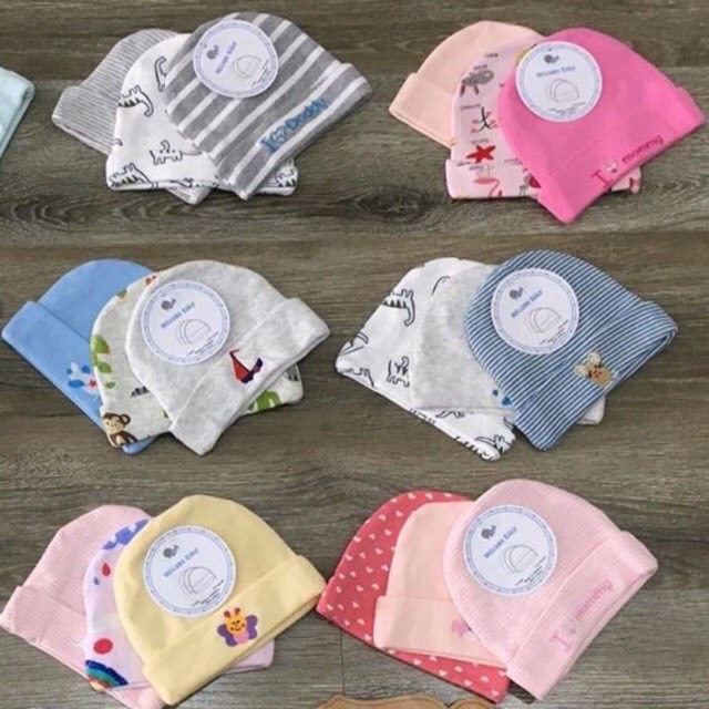 Set 3 mũ / nón chất liệu nỉ cotton thu đông thêu hình cho bé 0-3 tháng