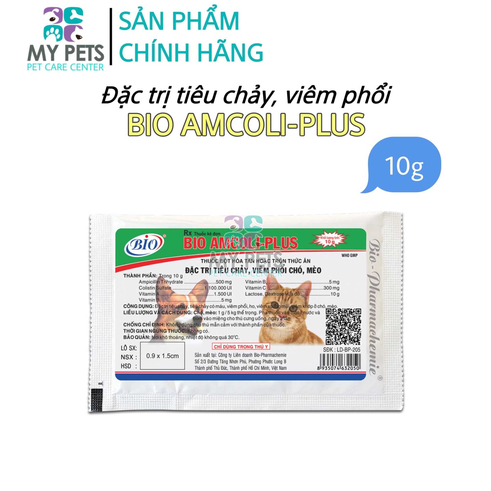 Bio Amcoli Plus Thuốc trị tiêu chảy, viêm phổi cho chó mèo - Lẻ 1 gói 10gr