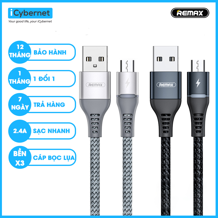 Cáp sạc nhanh Remax RC-152m 2.4A USB to Micro cho các dòng máy điện thoại Android sạc nhanh, dây dù siêu bền, tích hợp đèn led - Hàng chính hãng