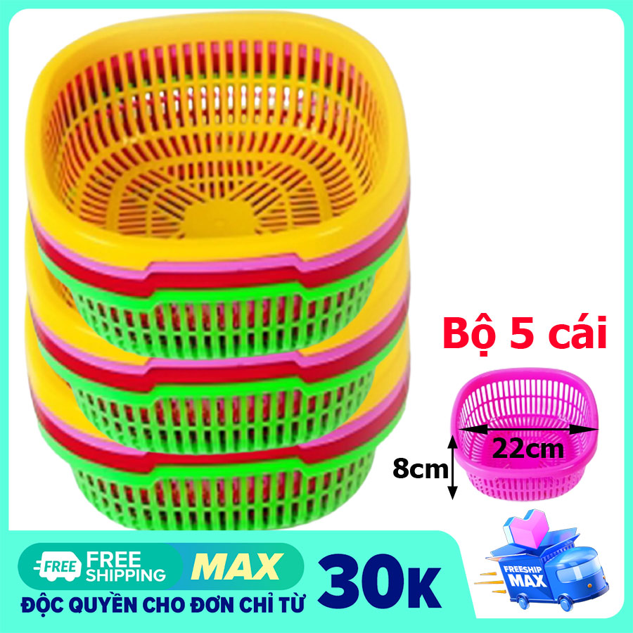 Bộ 5 rổ nhựa vuông 22cm. Màu ngẫu nhiên-Thương hiệu Fataco an toàn