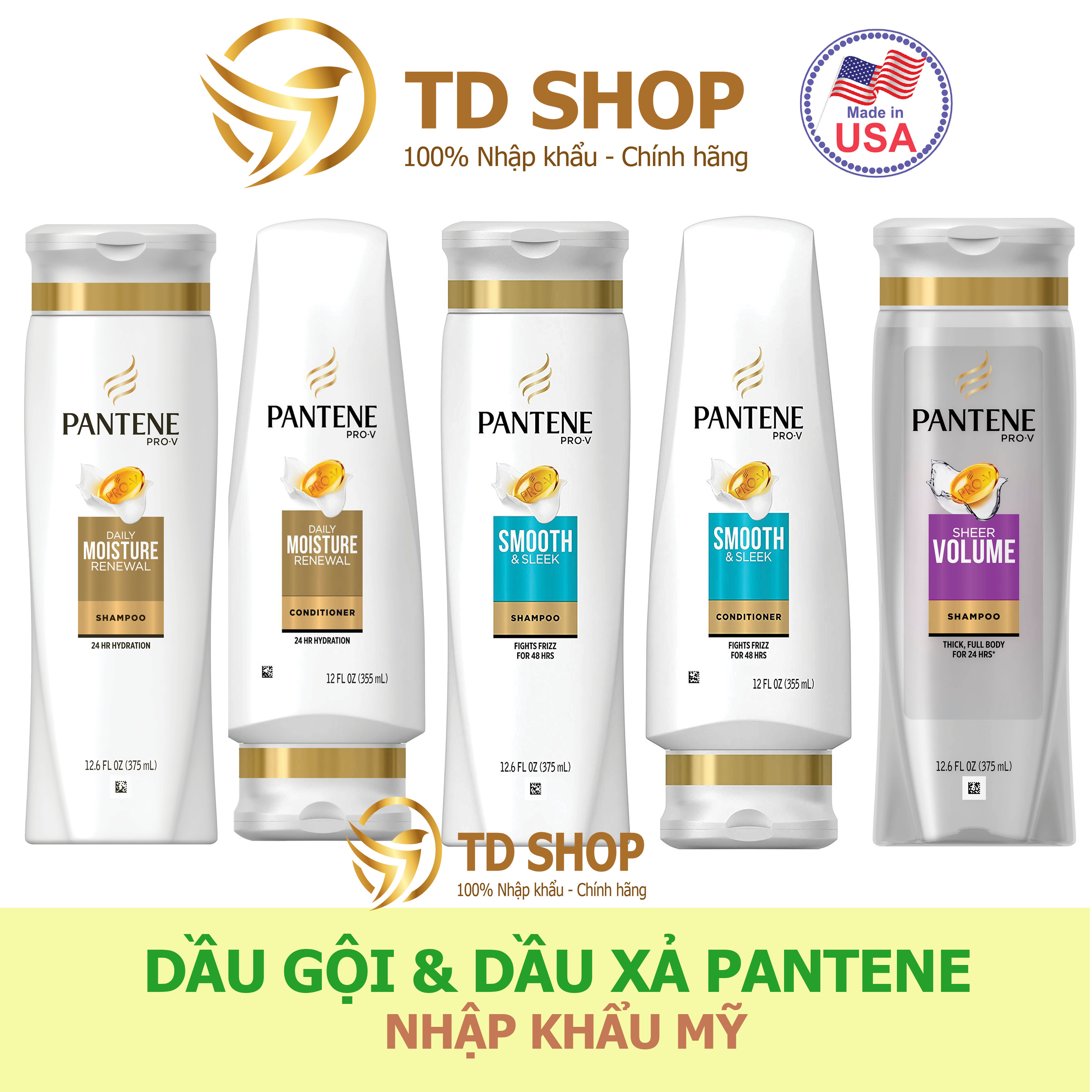 [NK Mỹ] Dầu Gội + Dầu xả Pantene Mỹ Classic clean I Smooth&sleek I Moisture renewal I Sheer volume 375ml - TD Shop