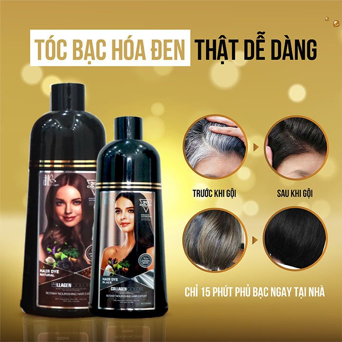 Dầu Gội Đen Tóc Collagen Color - Chính Hãng Gội Đen Và Gội Nâu Từ Thảo .D.ư.ợ.c. Tự Nhiên Dung Tích 500ml
