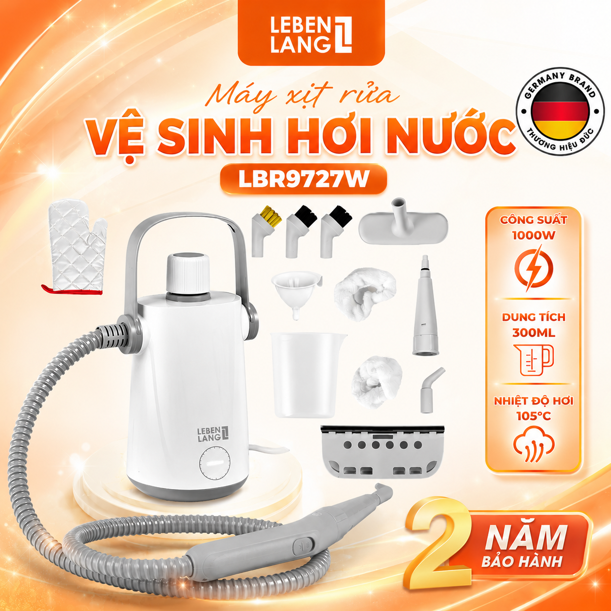 Máy vệ sinh hơi nước cầm tay đa năng LEBENLANG LBR9727 vệ sinh cửa sổ, gương, kính, nội thất, xe cộ, công suất 1000W, dung tích 300ml - hàng chính hãng