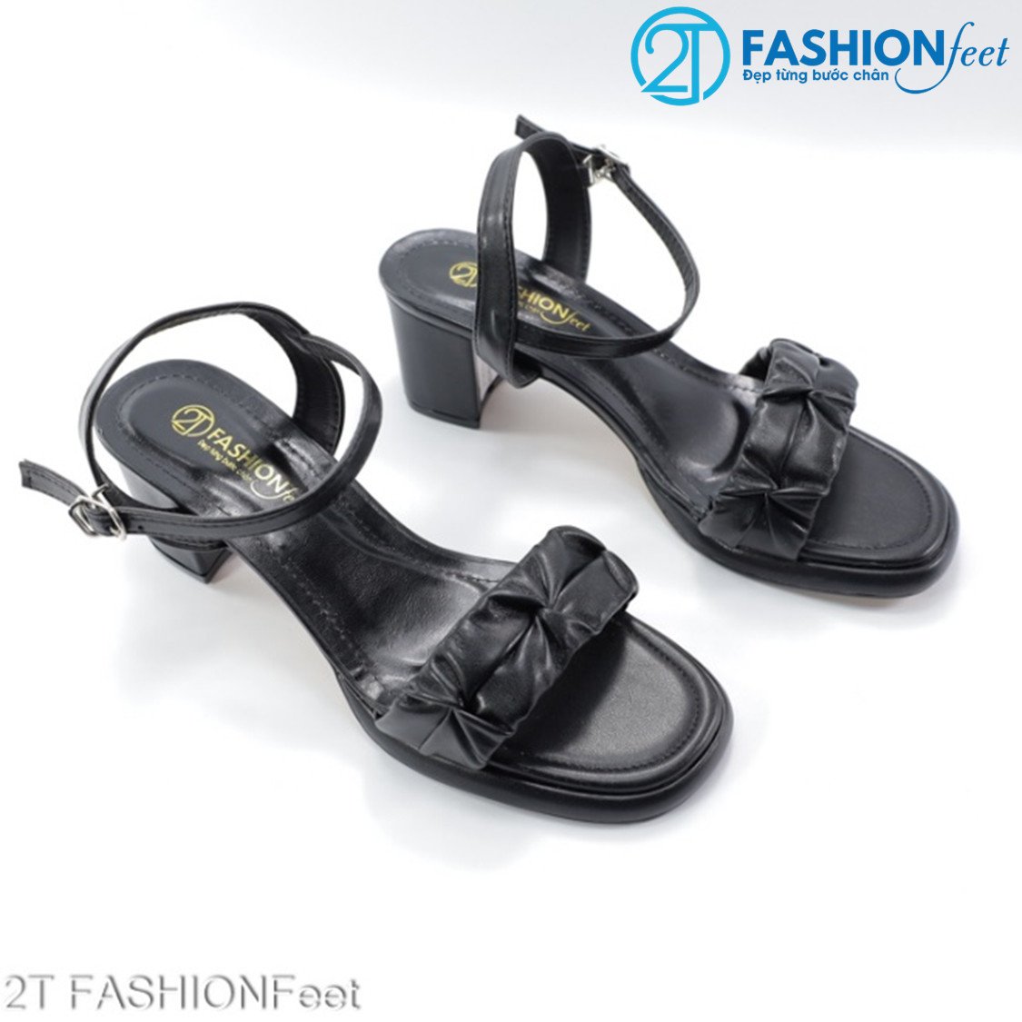 Giày sandal, cao gót nữ, mũi vuông, quai da nhún thanh lịch,gót cao 5cm - psđđn03