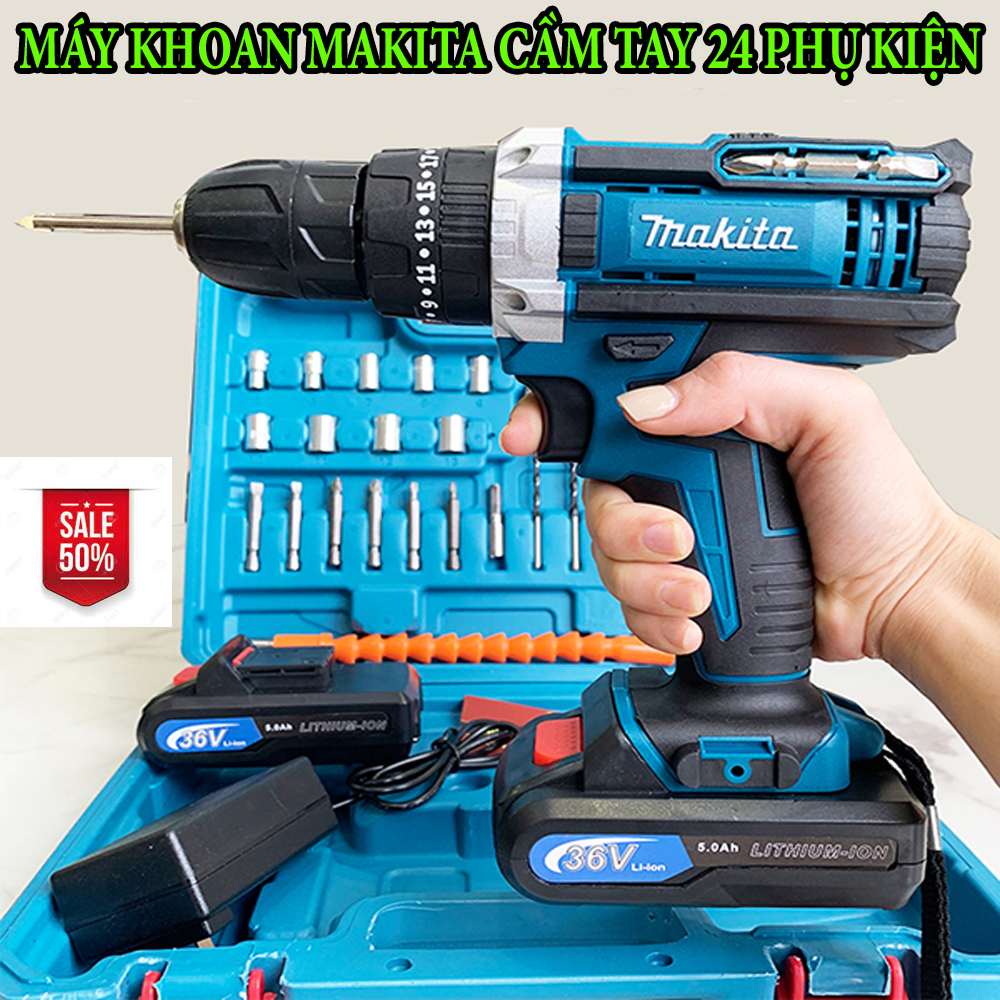 [ Bảo Hành 12 Tháng ]Máy Khoan Pin MAKITA 36V - Bộ Máy Khoan 24 Chi Tiết Lõi Đồng 100% Không Chổi Than 3 Chức Năng Có Búa - Bắt Vít, Khoan Sắt, Khoan Tường, Khoan Gỗ.