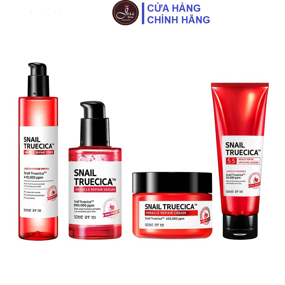 Bộ 4 sản phẩm dưỡng da, tái tạo phục hồi sẹo lõm Some By Mi Snail Truecica ( Cleanser, Toner, Serum, cream)