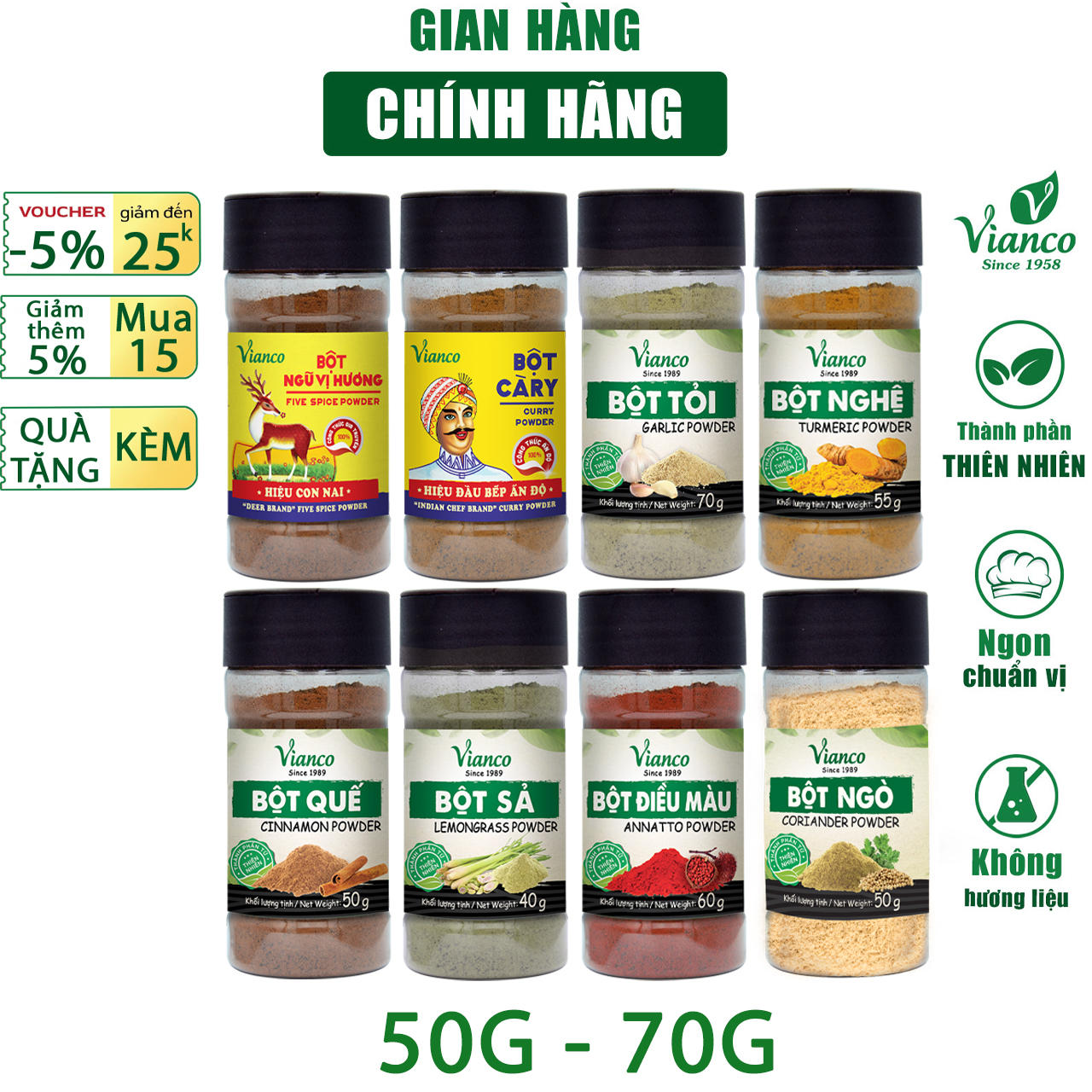 Gia vị nấu cà ri, ngũ vị hương, bột nghệ, bột sả, bột tỏi, bột quế, bột điều vianco hủ 50g gia vị nêm sẵn chuẩn vị
