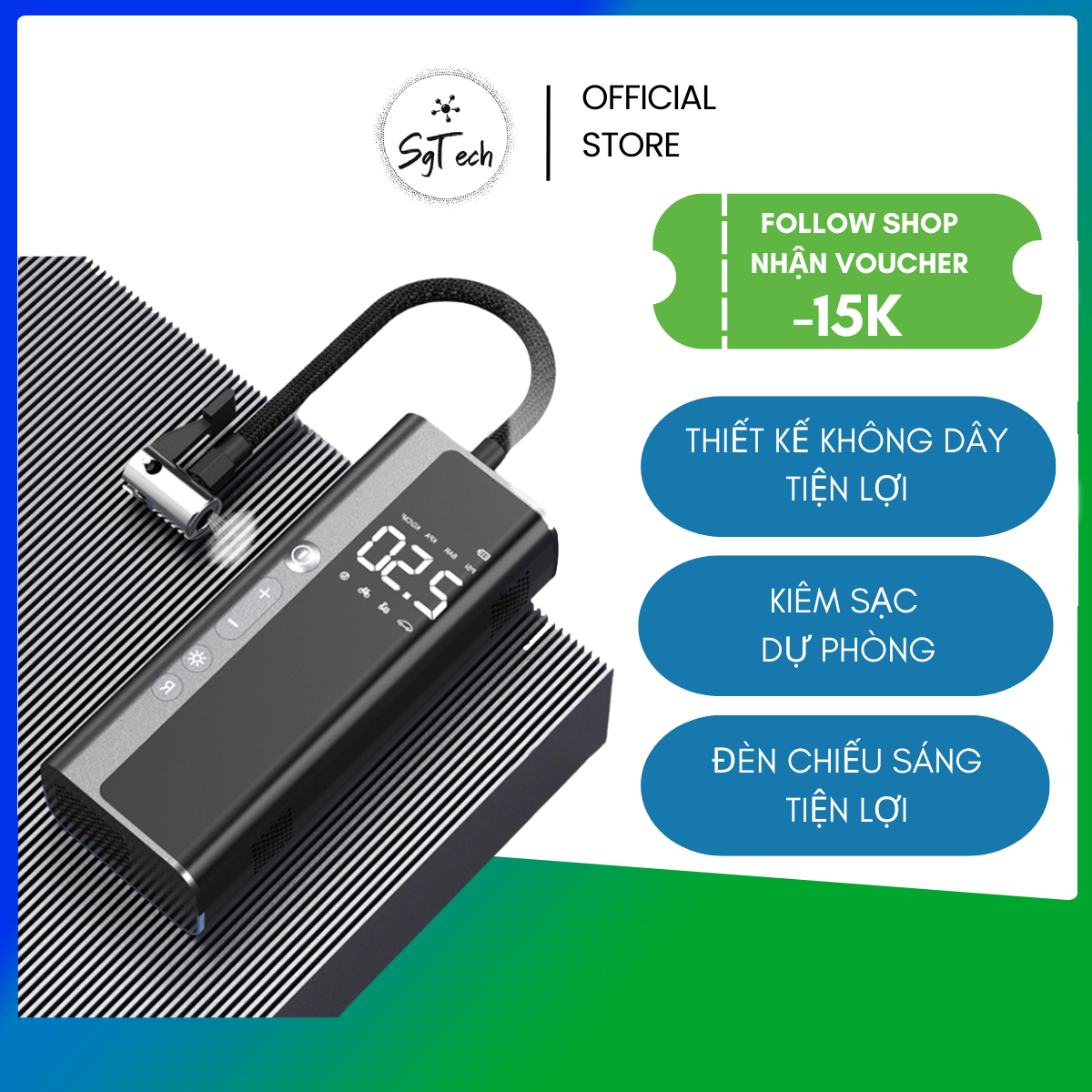 Bơm Lốp Ô Tô Điện Tử Cao Cấp, Máy Bơm Không Khí 8000mAh, Sạc Dự Phòng thông minh