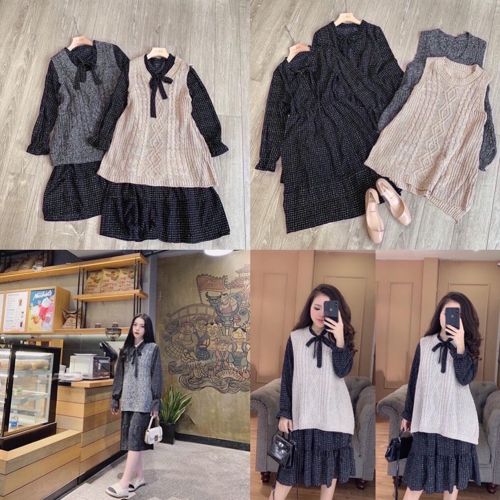 Set len gile váy đuôi cá nơ cổ