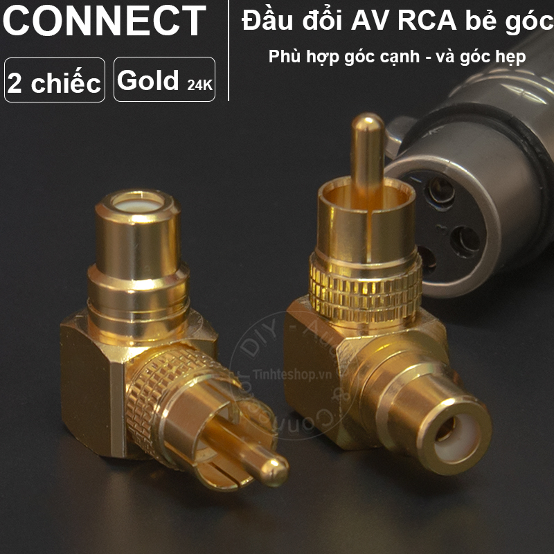 Rắc AV đực cái nhân đồng mạ vàng 24K vuông góc 2 chiếc - RCA đực sang RCA cái