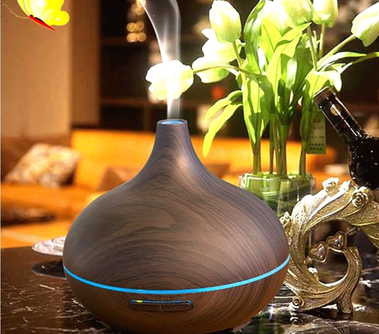 Máy khuếch tán tinh dầu hồ lô gỗ tặng 1 tinh dầu sả chanh 5ml