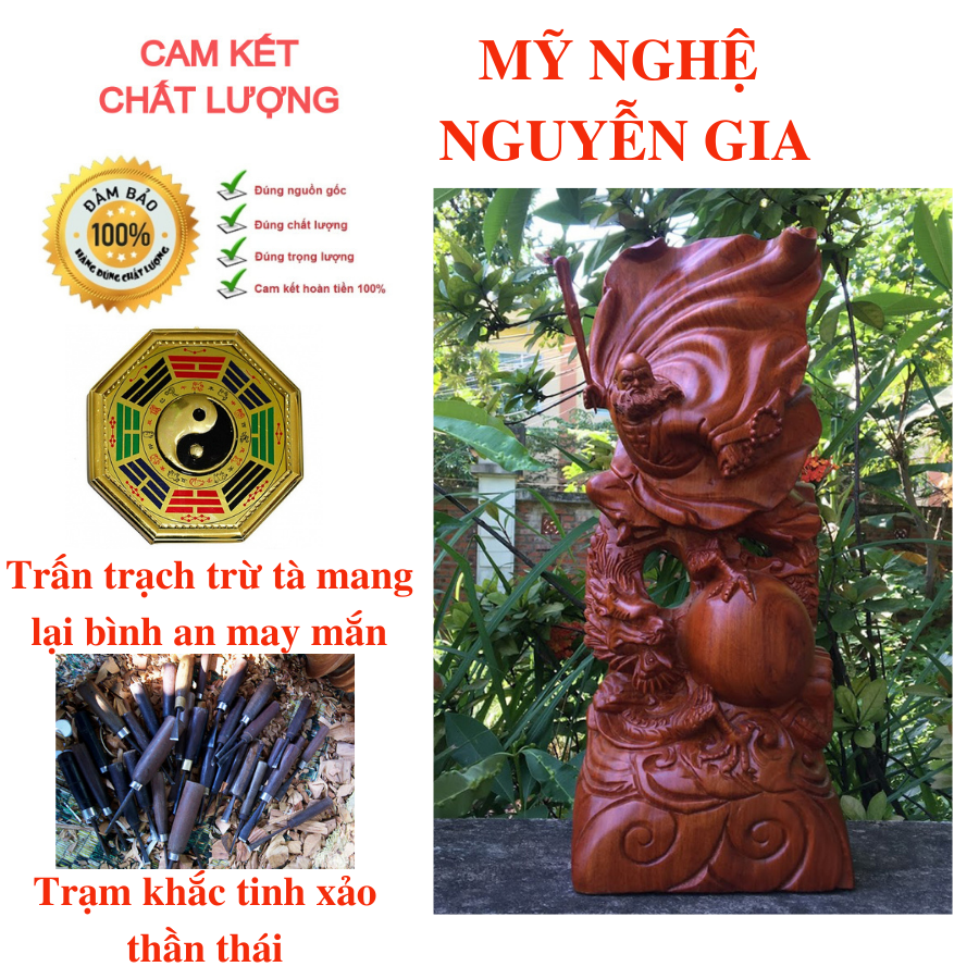 Tượng đạt ma sư tổ ngự long múa võ gỗ hương cao cấp nguyên khối cao 50 cm trạm khắc tinh xảo sắc nét giúp trấn trạch hóa hung mang lại bình an cho gia đình
