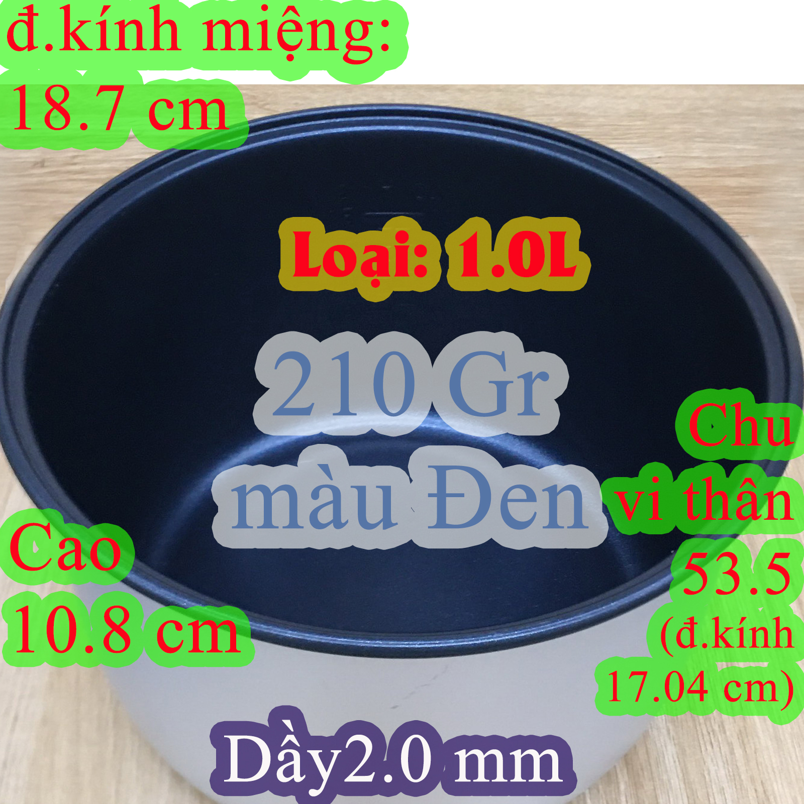 Lòng nồi cơm điện 1.0 Lchống dính màu Ghi nhũ, màu đen, nặng 210 gr