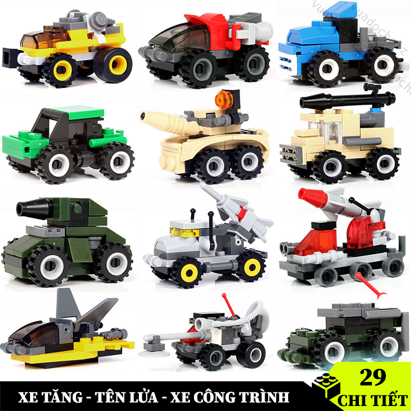 Đồ chơi mini 29 chi tiết, mô hình lắp ráp tàu chiến, xe tăng, xe cảnh sát