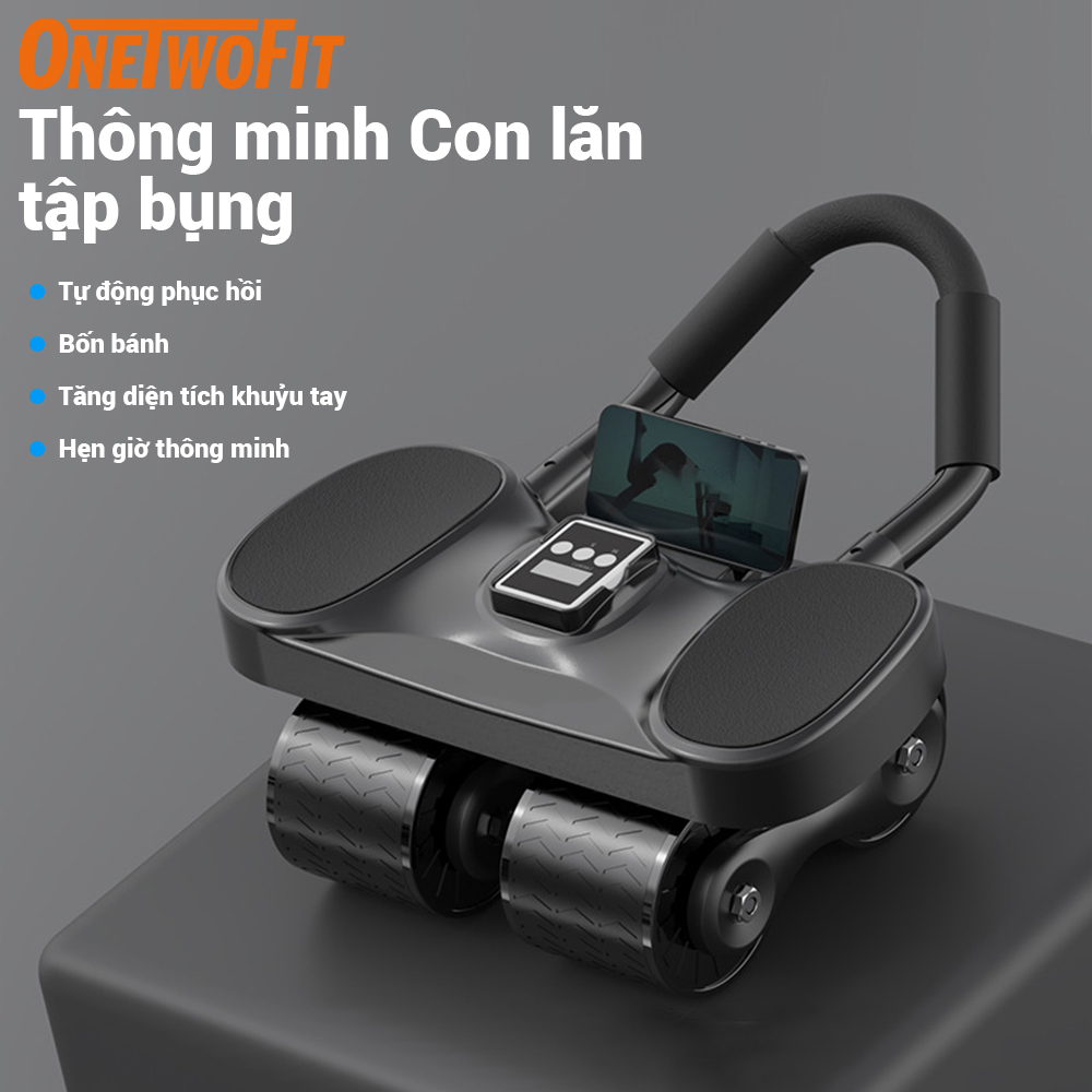 OneTwoFit Con Lăn Tập Bụng Trợ Lực 4 bánh Chống Đổ Có Đồng Hồ Dụng Cụ Tặng Kèm Thảm Kê Chân