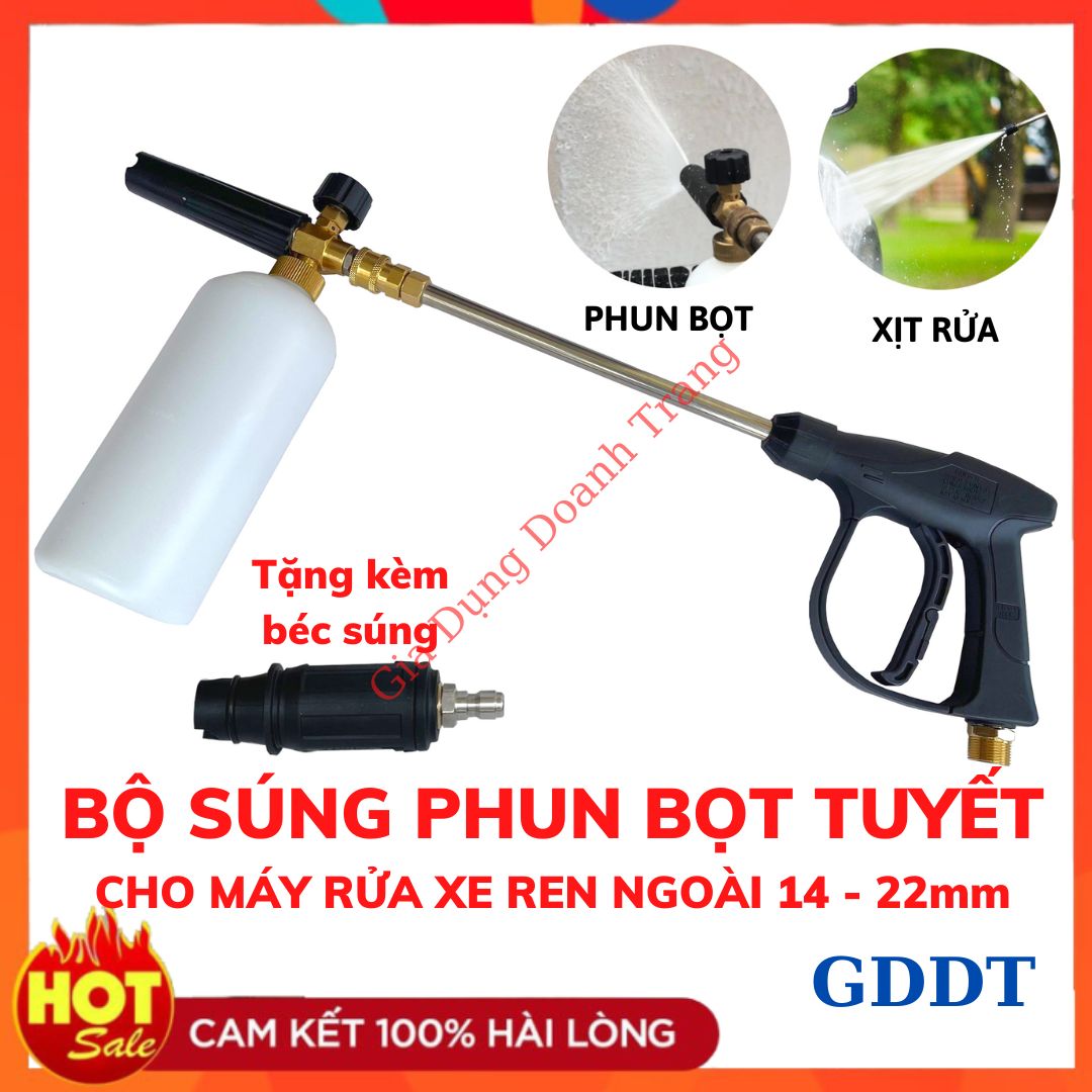 Bộ súng xịt rửa xe áp lực cao và Bình tạo bọt tuyết cao cấp, Kèm ống nối dài 30cm (Ren ngoài 22mm và 14mm)