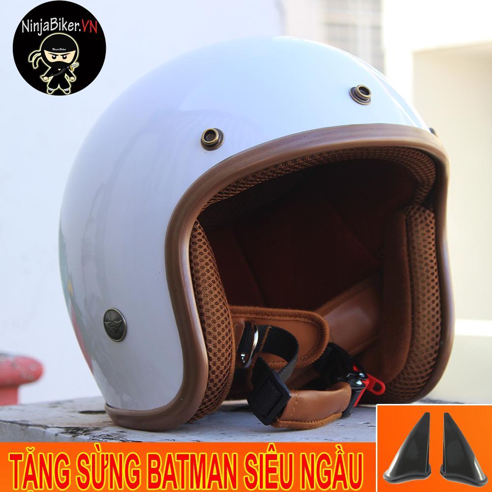 Nón bảo hiểm 3/4 đầu trắng lót nâu kèm tai batman