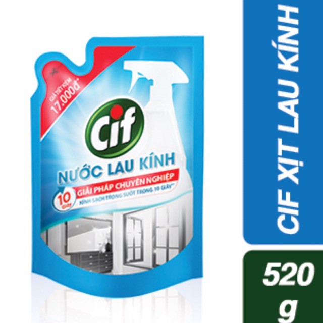 Combo 2 túi nước lau kính siêu nhanh Cif 520ml Tặng 1 bông tắm màu ngẫu nhiên