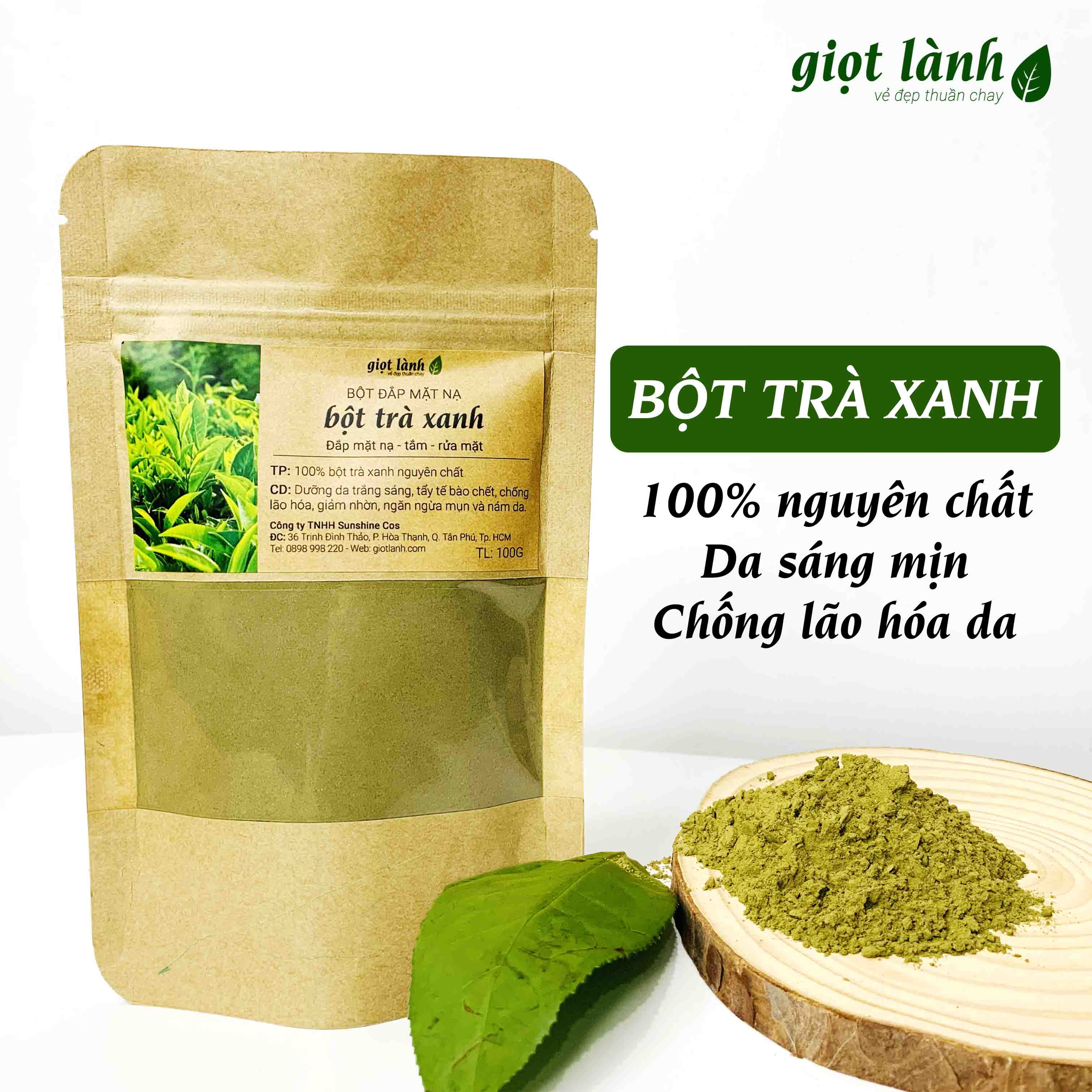 Bột trà xanh nguyên chất, bột đắp mặt nạ - Da trắng sáng, mịn màng Giọt Lành 100 Gram