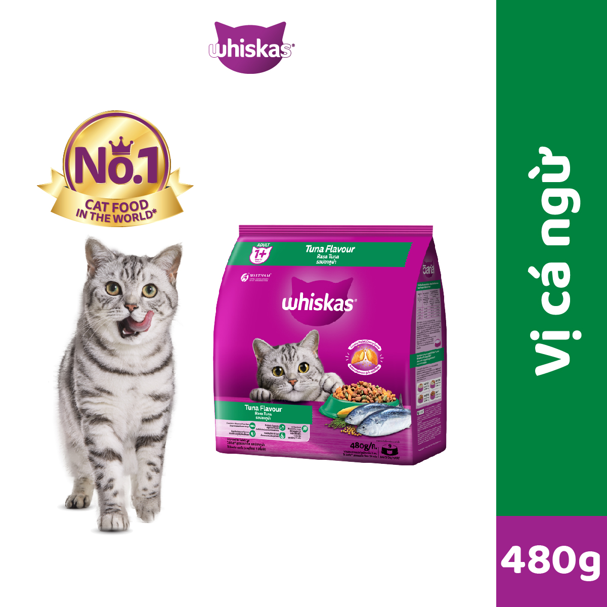 Thức ăn mèo Whiskas vị cá ngừ túi 480g