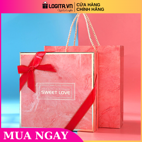 Hộp Quà Sinh Nhật Có Nơ Ruy Băng Chéo Tinh Tế Kèm Túi Đựng Quà SWEET LOVE - Kích thước 23,3x23,3x7,2cm