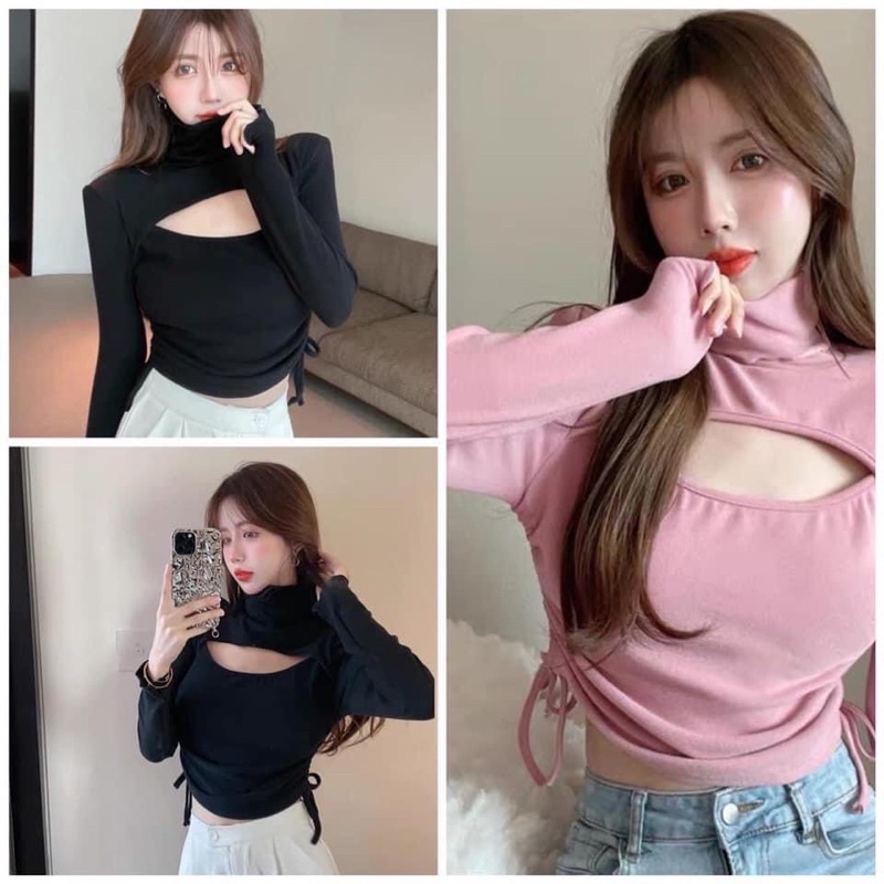 Áo kiểu croptop tay dài cổ lọ phối chít hai bên