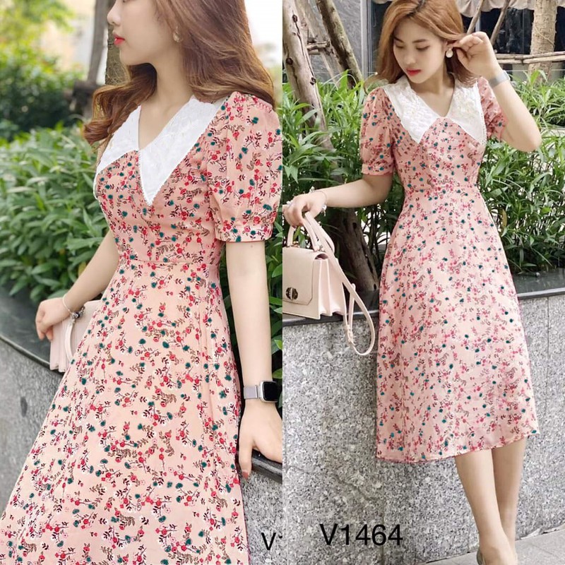 Đầm hoa xòe cổ sen nhọn siêu xinh
