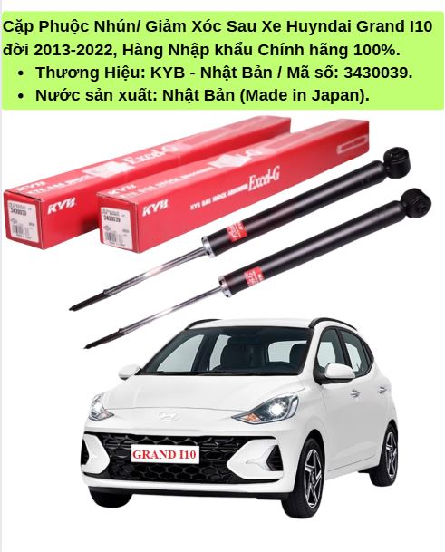 Cặp Giảm Xóc Sau Xe Hyundai Grand i10 đời 2013 - 2022, Mã 3430039, Hàng Cao Cấp, Hàng Nhập Khẩu Chính hãng KYB
