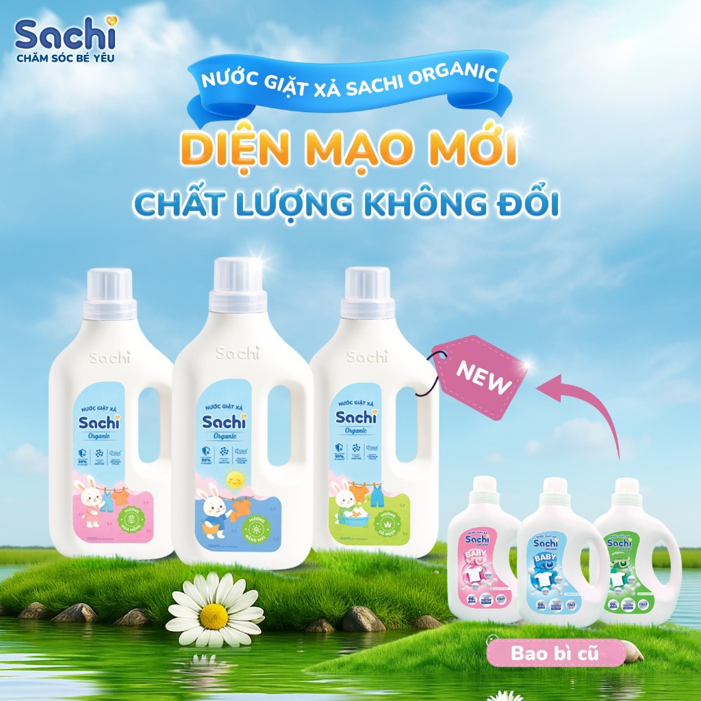 Nước giặt xả Sachi Organic dịu nhẹ cho làn da bé chai 280g và 2kg