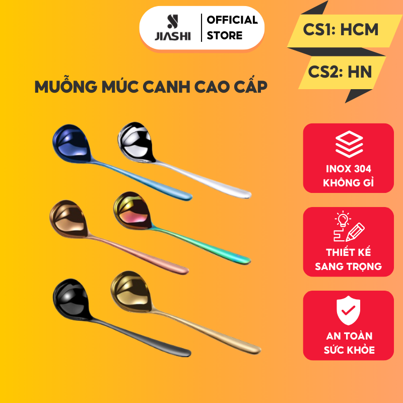 Muỗng, thìa múc canh/soup Jiashi Inox 304 muong thia lòng sâu phong cách bắc âu nhiều màu sắc hàng nội địa cao cấp MTM01