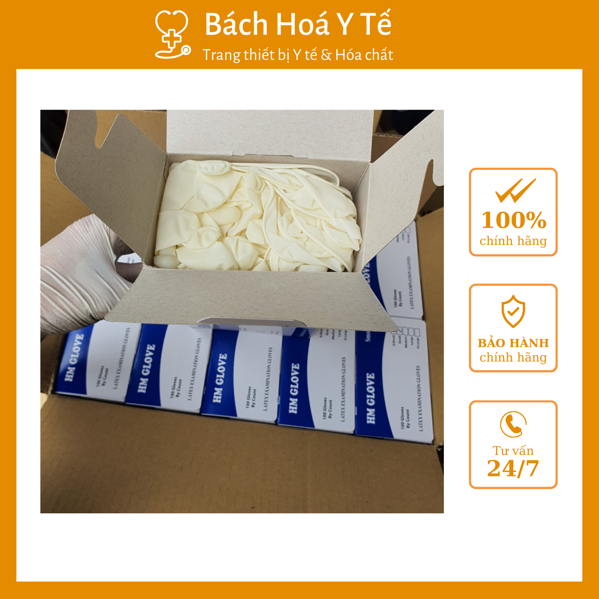 Găng tay y tế HM GLOVE, Chất liệu cao su tự nhiên, Nhập khẩu Thái Lan, Hộp 100 chiếc