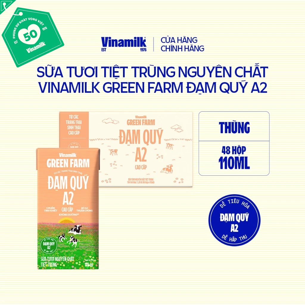 Thùng 48 hộp Sữa Tươi Tiệt Trùng Vinamilk Green Farm Không Đường A2 110ml