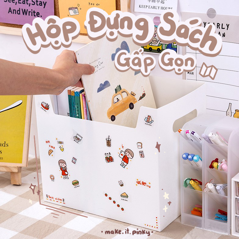 ( TẶNG KÈM STICKER ) HỘP ĐỰNG SÁCH GẤP GỌN ĐỂ BÀN HỌC / BÀN LÀM VIỆC CHẤT NHÁM DÀY DẶN CÓ TAY CẦM THUẬN TIỆN DI CHUYỂN