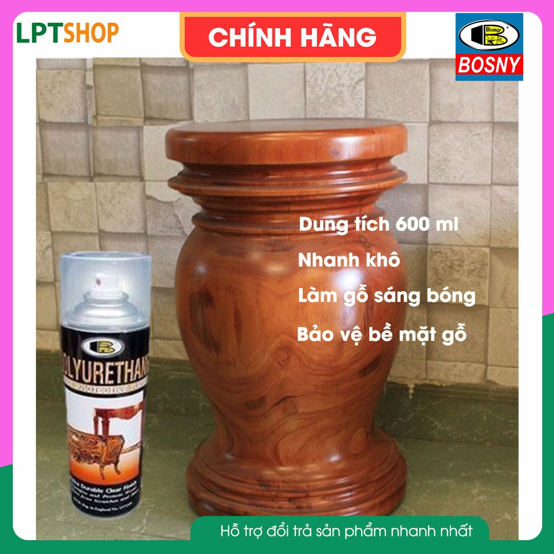 Sơn xịt bóng gỗ hiệu Bosny PU Polyurethane B113, làm bóng đẹp và bảo vệ bề mặt gỗ, dung tích 600ml