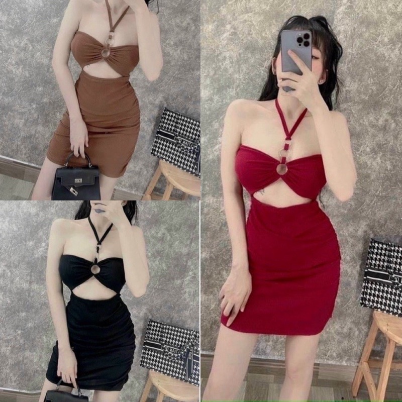 Đầm body 3 khoen gân len from ngắn