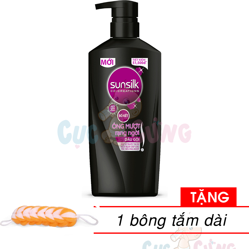 Dầu gội đầu SUNSILK ĐEN Óng Mượt Rạng Ngời dành cho tóc khô xơ với tinh chất Bồ Kết truyền thống chai 900g Tặng bông tắm màu ngẫu nhiên