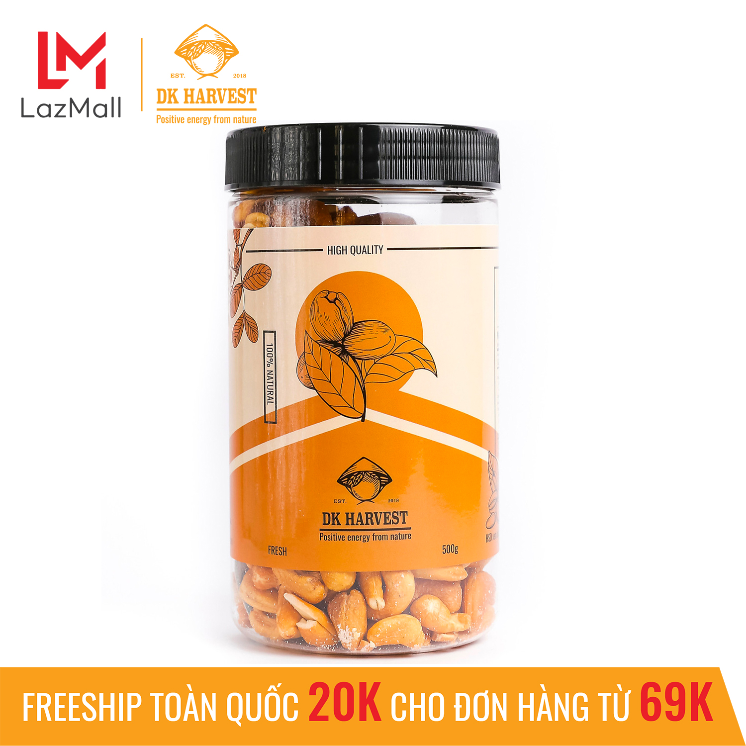 Hạt Điều Rang Mộc Nguyên Hạt DK Harvest - Hộp 500g, nhân hạt điều tách vỏ rang mộc, đồ ăn vặt rất tốt cho sức khỏe, giúp giảm cân hiệu quả