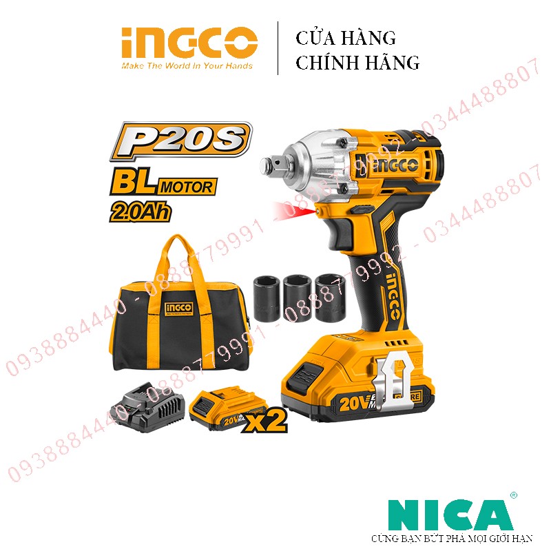 Máy siết bulong dùng pin 20v 1/2" không chổi than ingco ciwli2001 tốc độ 2300rpm, tốc độ siết 3550bp, mô men xoắn 300nm