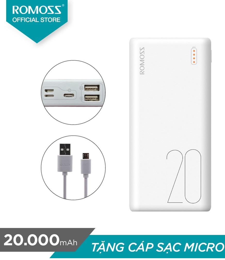 Pin sạc dự phòng romoss simple 20 20.000mah nhỏ gọn + cáp sạc micro usb romoss cb05 - hãng phân phối chính thức