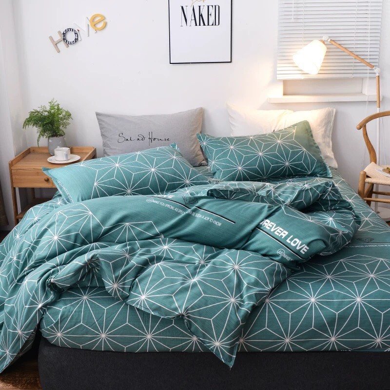 Bộ vỏ chăn ga gối xanh đa giác