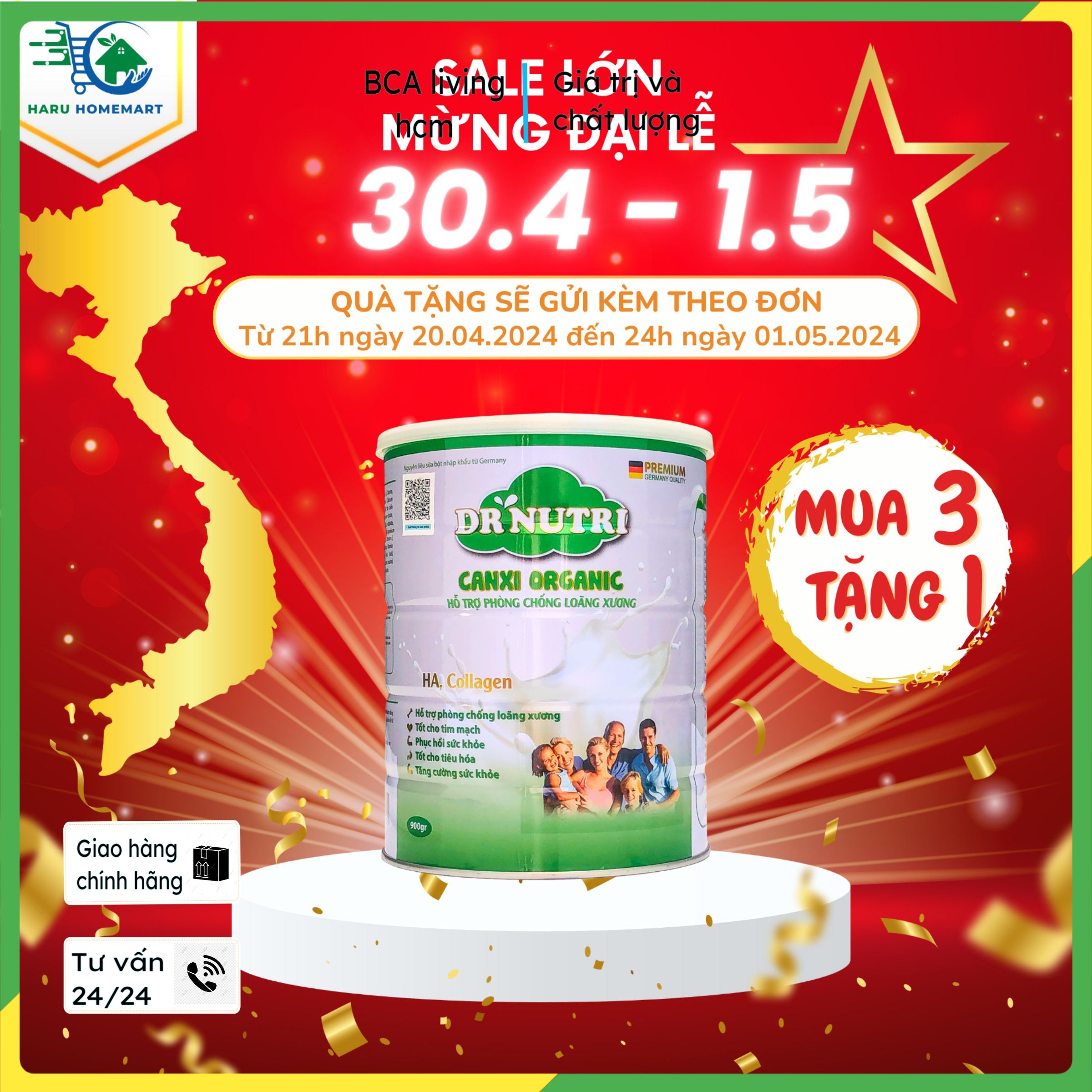 Sữa bột cho cơ xương khớp Dr Nutri Canxi Glucosamin,Organic,bcalivinghcm,dành cho người già loãng xương thiếu canxi, tăng hấp thụ canxi nano cho khớp,chắc khỏe xương,giảm nhức mỏi cơ xương khớp.